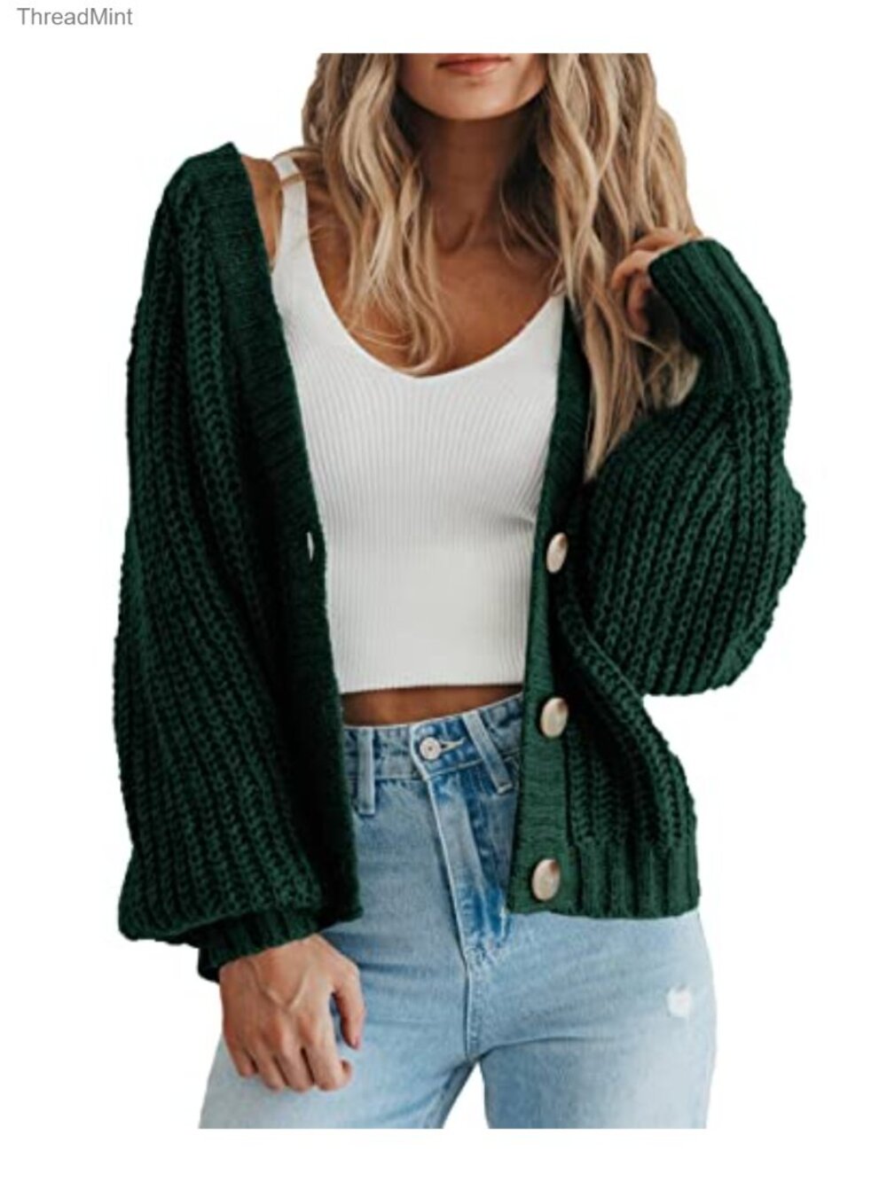Chunky Knit Open Front V-Neck Button Cardigan Long Sleeve Sweater